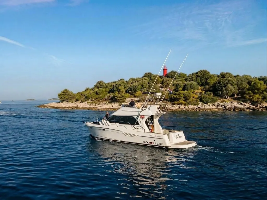 White motor boat with fishing rods passing a green island with a red beacon on a calm blue sea